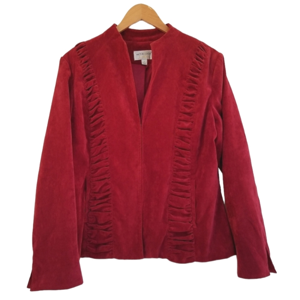 Victor Costa Vintage Red Ruched Faux Suede Ruffled Trim Jacket szL
